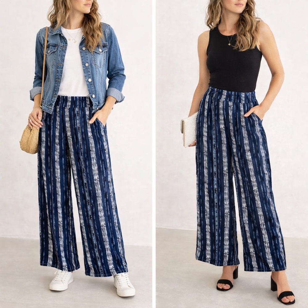 Three Dots Navy and White Wide Leg Pants